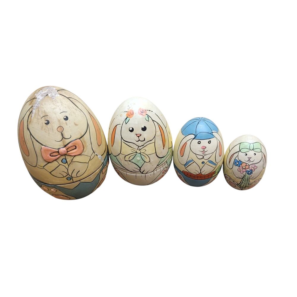 Vintage Wooden Bunny Rabbit Nesting Eggs 4pc Hand Painted Easter Dolls Egg Doll